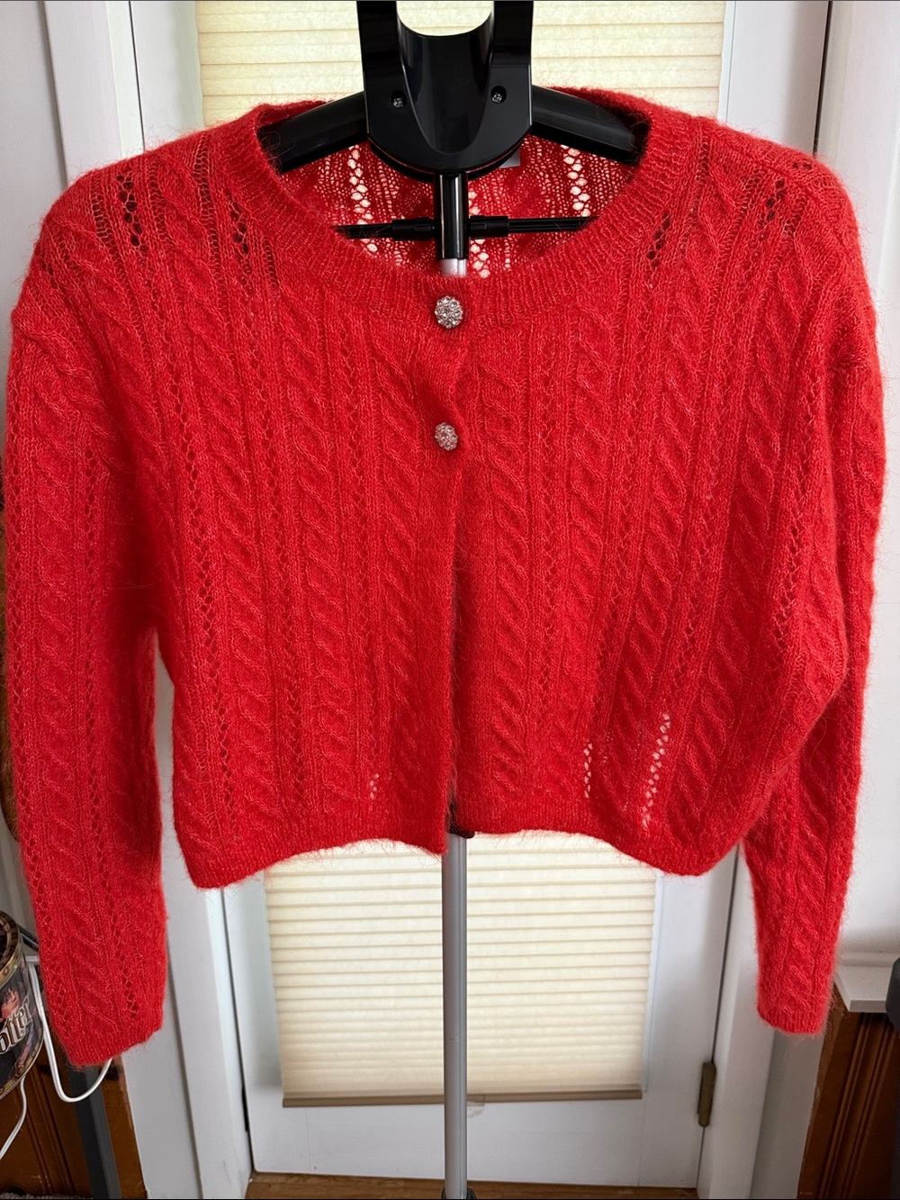 ZARA alpaca & wool blend cable knit cropped cardigan rhinestone buttons size M - Picture 1 of 12